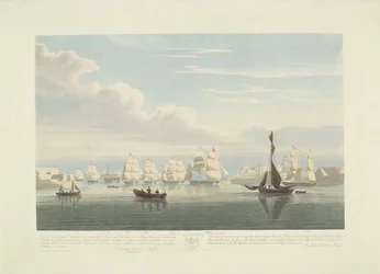 Tizenkét holland kereskedelmi hajó indulása Portsmouth kikötőjéből, 1833 (1. tábla) Ez a három lemezből álló készlet a portsmouthi kikötőből való indulást ábrázolja 1833. június 2-án, 12 Nederlandsche Koopvaardy-hajót az embargó alól.