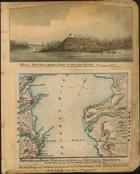 A Potomac blokádja. Az Unió és a lázadók ütegeit ábrázoló térkép 1862 januárja. A lázadók 1862. március 4-én éjjel kiürítették az összes ütegüket. LOC gvhs01.vhs00066