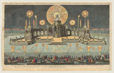 Kilátás a nagyszínházra és tűzijáték, amelyet a vízen állítottak fel a hágai udvar közelében, 1794-ben.