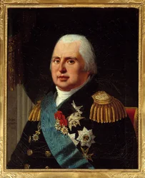 XVIII. Lajos (1755-1824), francia király portréja katonai egyenruhában a Becsületrenddel és a Szentlélek-rend zsinórjával. Robert Lefebvre (1755-1830) festménye 1814 V. 0,73x0,6 m Párizs, musee Carnavalet - XVIII. Lajos portréja
