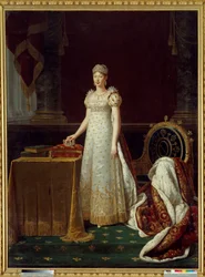 Ausztriai Mária Lujza császárné (Marie-Louise) (1791-1847), I. Napóleon feleségének portréja, a Birodalom régenseként ábrázolva, az 1812-ben Napóleon által adományozott Chaumet gyémántékszerkészletet viselve - Mögötte egy empire stílusú karosszék