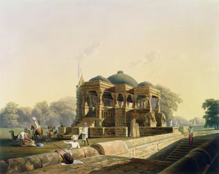 Ősi templom Hulwudban, a "Scenery, Costumes and Architecture of India" I. kötetéből, F. Witherington festette, G. Hunt metszet és színezte J. B. Hogarth, pub. Írta: Ackermann, 1826 (aquatin