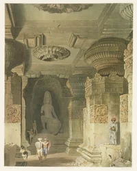 Indra Subba barlangtemplomának belseje Ellorában, az Indiai táj, jelmezek és építészet II. kötetéből, David Roberts (1796-1864) rajza, Thomas Kearnan (fl.1821-50) metszet és metszet