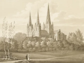Lichfield katedrális – Nyugat-Délnyugat Nézet: szépia rajz