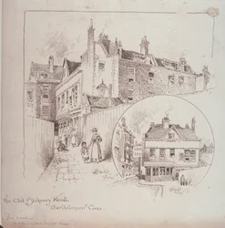 Az Old Blakeney Head Inn hátulnézete, Bartholomew Close, London, 1900 körül