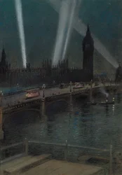 Háborús keresőlámpák a Westminster híd felett