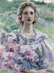 Nő virággal. Robert Reid (1862-1929) festménye. Olaj, vászon. Magángyűjtemény.