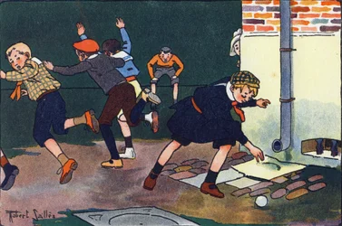 Golyó a falhoz. Gravírozás „”-be Mit játszunk? E. Weber „” Robert Salles (1871-1929) akvarell rajzaival. Librairie Garnier Freres, Párizs