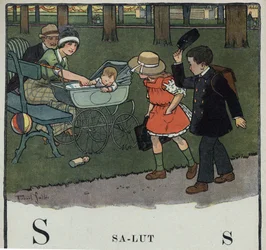 Gyermekkönyv „” El fogom olvasni – Módszeres és szórakoztató ábécé egy apától””” 1926. Illusztráció: Robert Salles (1871-1929). Abecedary: S betű Salut néven. Egy fiú sapkáját felemelve köszönt egy házaspárt és babájukat.