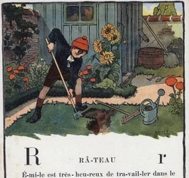 Gyermekkönyv „” El fogom olvasni – Módszeres és szórakoztató ábécé egy apától””” 1926. Illusztráció: Robert Salles (1871-1929). Abecedaire: R betű gereblyeként. Egy fiúkert a háza kertjében.