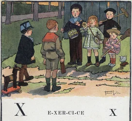 Gyermekkönyv „Olvasni fogok - Módszeres és szórakoztató ábécé egy apától”, 1926. Robert Salles (1871-1929) illusztrációja. Ábécéskönyv: X betű mint gyakorlat. A gyermekek katonásat játszanak.