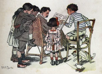 Gyermekkönyv „” El fogom olvasni – Módszeres és szórakoztató ábécé egy apától””” 1926. Illusztráció: Robert Salles (1871-1929). Egy családapa tanítja a gyerekeket olvasni.