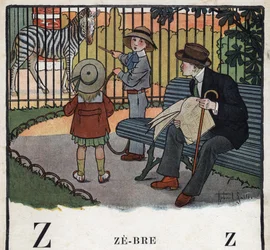 Gyermekkönyv „” El fogom olvasni – Módszeres és szórakoztató ábécé egy apától””” 1926. Illusztráció: Robert Salles (1871-1929). Abecedaire: Z betű, mint Zebre. Gyerekek karikával néznek egy zebrát az állatkertben.