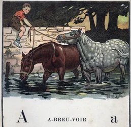 Gyermekkönyv „” El fogom olvasni – Módszeres és szórakoztató ábécé egy apától””” 1926. Illusztráció: Robert Salles (1871-1929). Abecedary: A betű mint ivóvíz. Két ló iszik vizet.