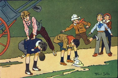 Ugrás bárány. Gravírozás „”-be Mit játszunk? E. Weber „” Robert Salles (1871-1929) akvarell rajzaival. Librairie Garnier Freres, Párizs