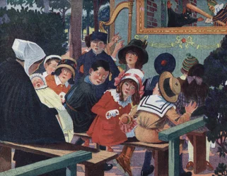 Bábelőadás: A guignol színházban a gyerekeket megzavarja egy síró baba. Illusztráció: Robert Salles (1871-1929) a „Je sais Lire” c.