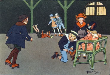 Görkorcsolyázás. Gravírozás „”-be Mit játszunk? E. Weber „” Robert Salles (1871-1929) akvarell rajzaival. Librairie Garnier Freres, Párizs