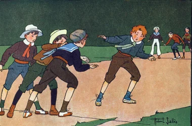 A rácsok (csapatjáték, amelyben diszkréten kell az ellentáborba menni, a földön húzott vonal szimbolizálja, hogy foglyul ejtsenek). Gravírozás „”-be Mit játszunk? E. Weber „” Robert Salles (1871-1929) akvarell rajzaival. Librairie Garnier