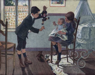 A kistestvér nevelése: egy szobában a nagyhúga ölében ülő baba nézi a bátyja felébredő bábut. Illusztráció: Robert Salles (1871-1929) a „Je sais Lire” c.