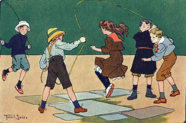 Az ugrásnál van a kötél. Gravírozás „”-be Mit játszunk? E. Weber „” Robert Salles (1871-1929) akvarell rajzaival. Librairie Garnier Freres, Párizs