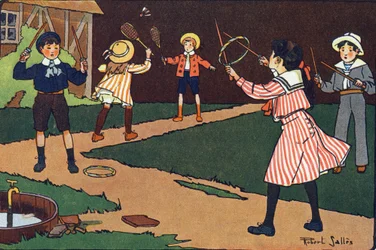 A kormánykerék és a gráciák. Gravírozás „”-be Mit játszunk? E. Weber „” Robert Salles (1871-1929) akvarell rajzaival. Librairie Garnier Freres, Párizs