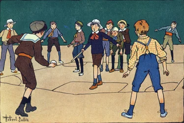 Theque (csapatjáték labdával és bottal). Gravírozás „”-be Mit játszunk? E. Weber „” Robert Salles (1871-1929) akvarell rajzaival. Librairie Garnier Freres, Párizs