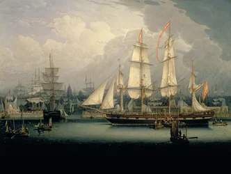Négyárbocos klipperhajó Liverpool kikötőjében, kb. 1810