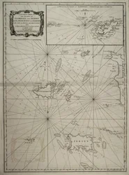 Guernsey és Jersey, Sark, Herm, Jethou és Alderney szigeteinek általános térképe, a Hágai-fok és a Casket-szigetek térképével.