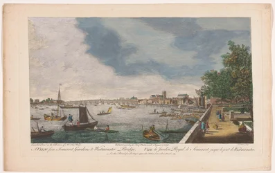Kilátás a Westminster hídra a Temze folyó felett Londonban, a Somerset House kertjéből nézve Kilátás a Somerset Gardensről a Westminster Bridge-re (cím az objektumon) London (sorozat címe)