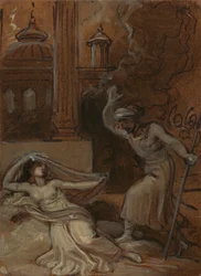 Illusztráció egy keleti románchoz, esetleg "The Arabian Nights" (balra fekvő női alakkal)