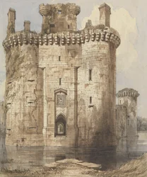 A Caerlaverock-kastély bejárati átjárója és a szomszédos tornyok