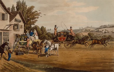 Egy londoni posta és színpadi edző (színes metszet)