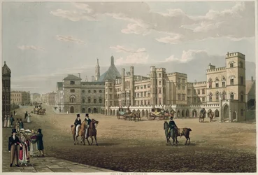 Kilátás a Lordok és Commons Házra, az Old Palace Yard söröző felől. 1821, Colnaghi und Co. (akvatinta)
