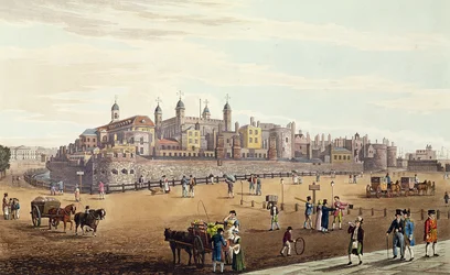 Kilátás a Tower of Londonra és a pénzverdére, pub. szerző: Colnaghi und Co, 1821 (színes aquaint)