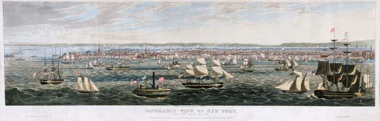 Panorámás kilátás New Yorkra, az East River felől, kocsma. 1844 (színes litó)