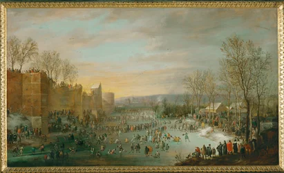 Korcsolyázás a brüsszeli városházán, Belgium, Leopold Vilmos főherceg, kormányzó, a hintójából nézi (festmény tölgyfára).
