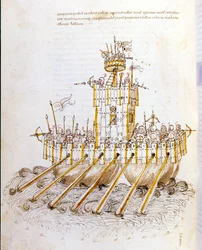 A háború művészete: haditechnika tanulmányozása, csatahajó csatahajó modellje. illusztráció a De re Militari-ból, Roberto Valturio mérnök (1405-1483?)