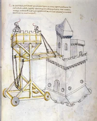 A háború művészete: katonai gépek tanulmányozása. ostromtornyokat ostromló rohamtorony, Roberto Valturio mérnök (1405-1483?) 
