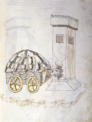 A háború művészete: katonai gépek tanulmányozása. egy páncélozott gép, amely egy tornyot megrohamoz, Roberto Valturio (1405-1483?) mérnök „De re Militari” című illusztrációja