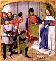 V. Fülöp francia király (1293-1322) adót vesz át, Robinet Testard miniatúrája a "Grandes chroniques de France" című műből, 1471