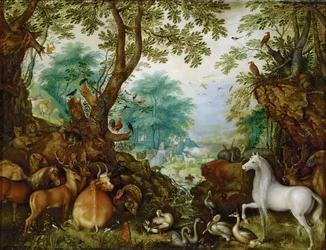 Orpheusz az állatok között - Roelant (Roelandt) Savery (1576-1639). Olaj rézen, kb. 1628. Méretek: 27,5 x 36 cm. Művészettörténeti Múzeum, Bécs