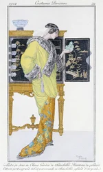 Kínai selyemruha, csincsillával bélelve, bársony kabát - a Journal des dames et de la mode: Costumes Parisiens", n¡32