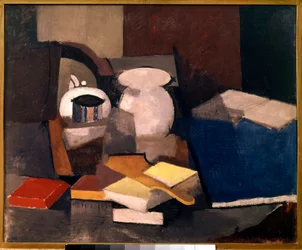 Csendélet könyvekkel és kártyákkal Roger de La Fresnaye (1885-1925) festménye 1913 V. 0,6x0,73 m Párizs, modern nemzeti művészeti múzeum