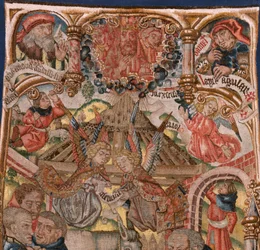 Flamand kárpit. Krisztus születésének triptichonja (Tríptico del Nacimiento de Jesús). A Rogier van der Weyden körének karikaturista modelljei. Gyártás Dél-Hollandia. Kb. 1492. Szövet Arany, ezüst, selyem és gyapjú.