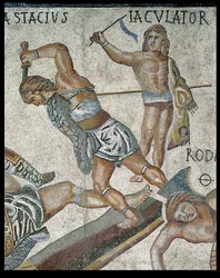 Csata gladiátorok között, részlet egy gladiátor harcáról és egy győztes gladiátorról, i.sz. 320 (mozaik)