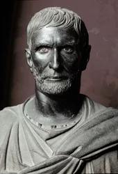 Brutus mellszobra (Bruto Capitolino) (Capitoliumi Brutus) - Bronzszobor, Kr. e. 300, méretek: 79 cm - Róma, Kapitóliumi Múzeumok, Palazzo dei Conservatori, Sala dei Trionfi - Lucius Junius Brutus mellszobra, Capitoliumi Brutus néven ismert - Bronzszobor