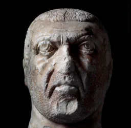 Diocletianus (Gaius Aurelius Valerius Diocletianus, 245-316), római császár 284-től 305-ig mellszobra. Márványszobor. Chieti, Régészeti Múzeum