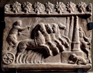 Campana-dombormű: kocsiverseny (quadriga) és cirkuszi jelenet. Kr. u. 1. század. Terrakottalap. M 0,32 x 0,39 m. Párizs, Louvre Múzeum