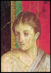 Részlet az Ülő Anya fejéről, a Katekizmus-jelenetből, Északi Fal, Oecus 5, Kr.e. 60-50 freskó lásd még 20015