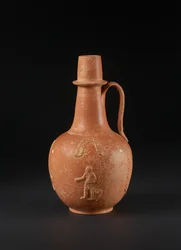 Zászló ember, madár, pálmák és füzérek díszítésével, Észak-Afrika (afrikai vörös csúszós áru)
